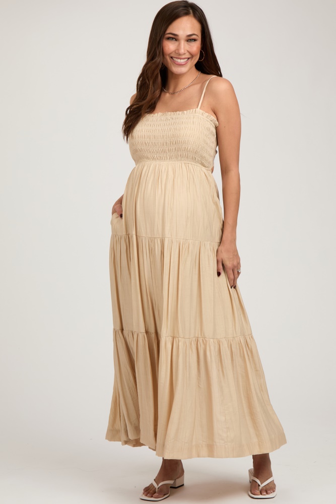 beige smocked square neck back cutout tiered maternity midi dress
