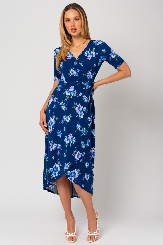 navy floral short sleeve wrap dress