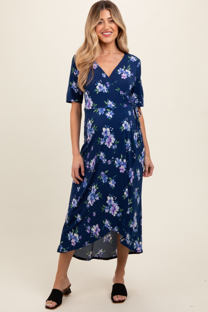 navy floral short sleeve maternity wrap dress