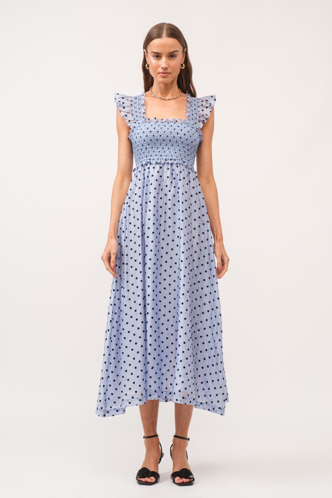 blue polka dot smocked midi dress