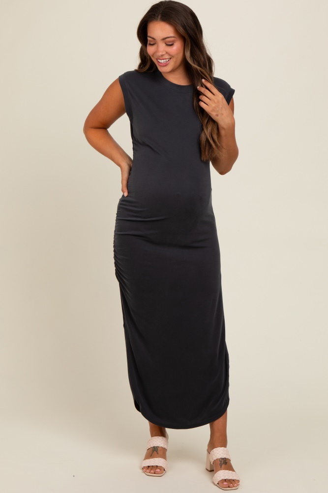 black ruched side slit maternity midi dress