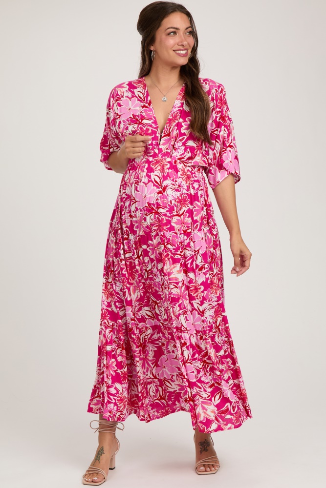 fuchsia floral dolman sleeve tiered maternity maxi dress