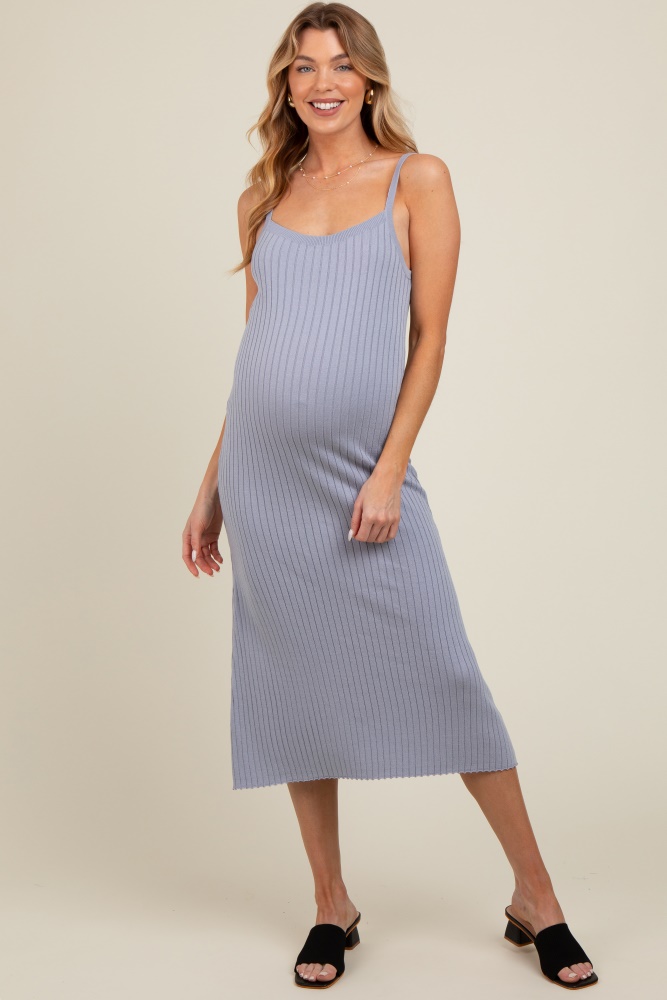 light blue square neck ribbed sleeveless maternity midi dress