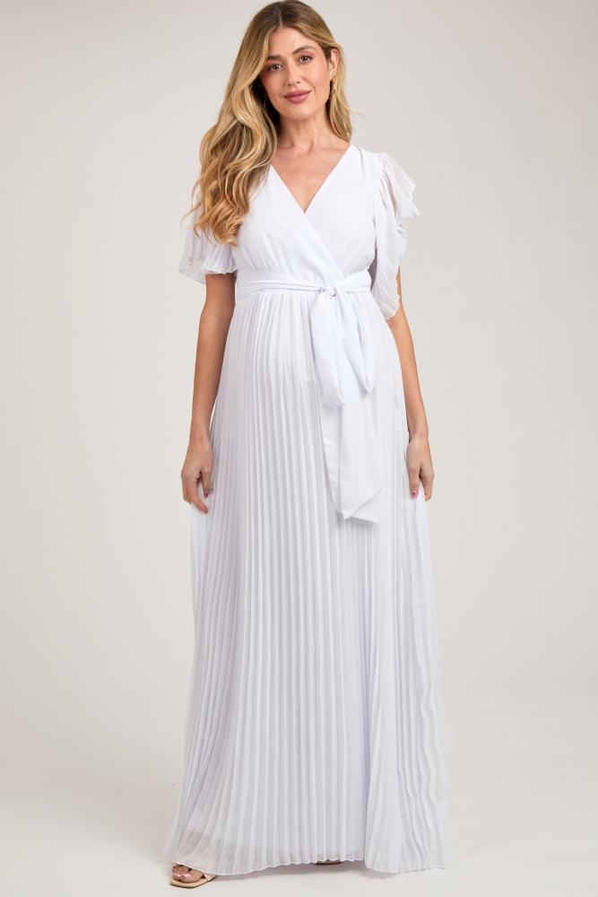 white chiffon wrap front v-neck short sleeve pleated maternity maxi dress