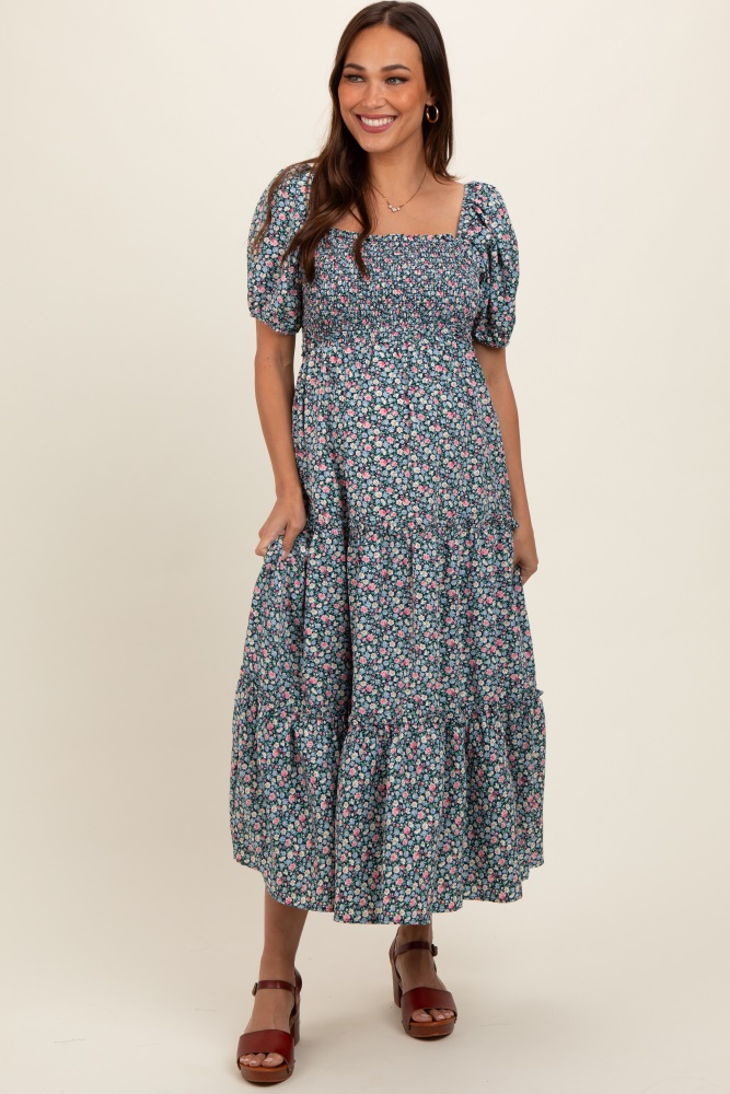 navy floral smocked tiered puff sleeve maternity maxi dress