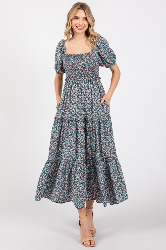 navy floral smocked tiered puff sleeve maxi dress