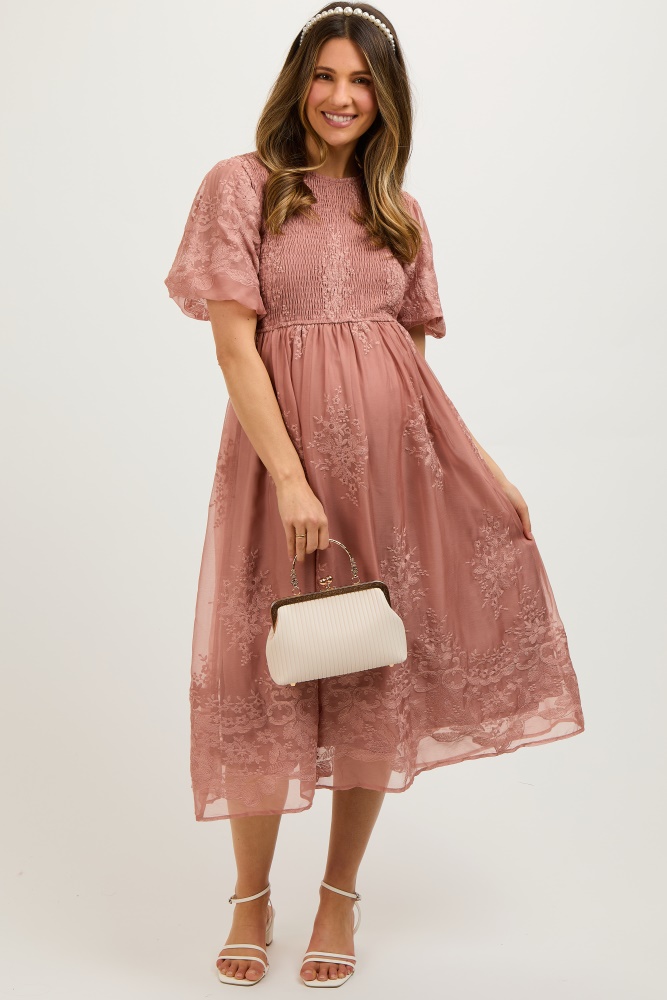 mauve floral lace smocked maternity midi dress