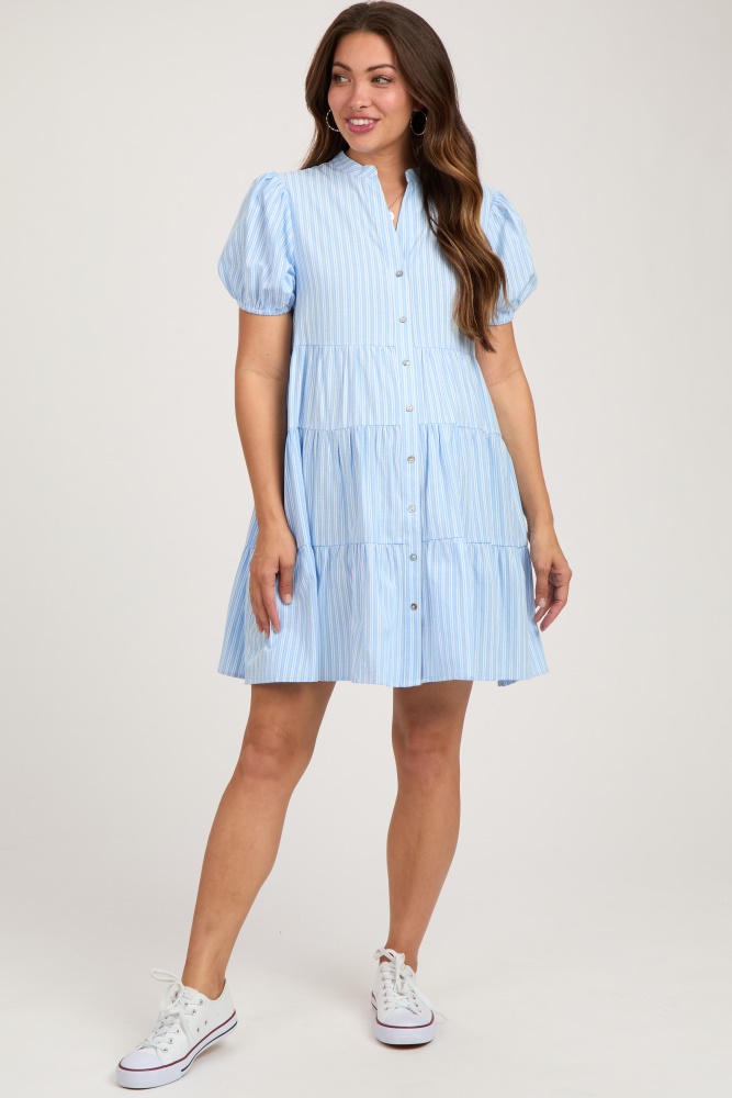 blue striped button down tiered maternity dress