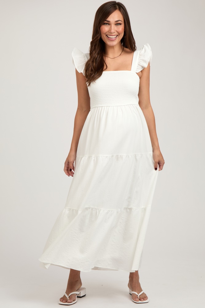 cream sleeveless smocked tiered maternity maxi dress