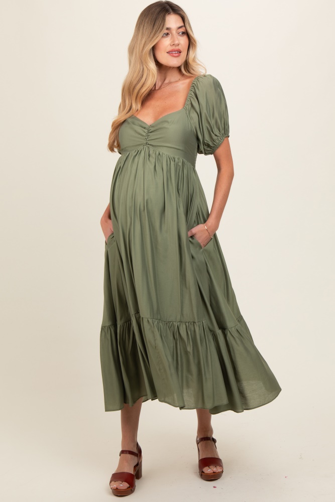 olive ruched sweetheart neck tiered maternity midi dress