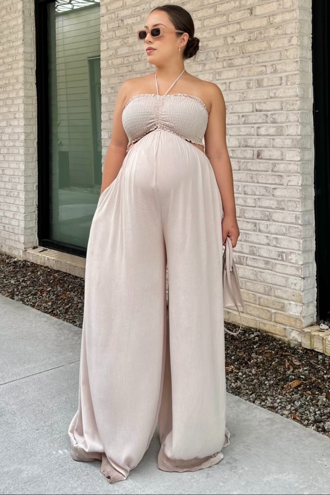 Cream Smocked Drawstring Halter Side Cutout Maternity