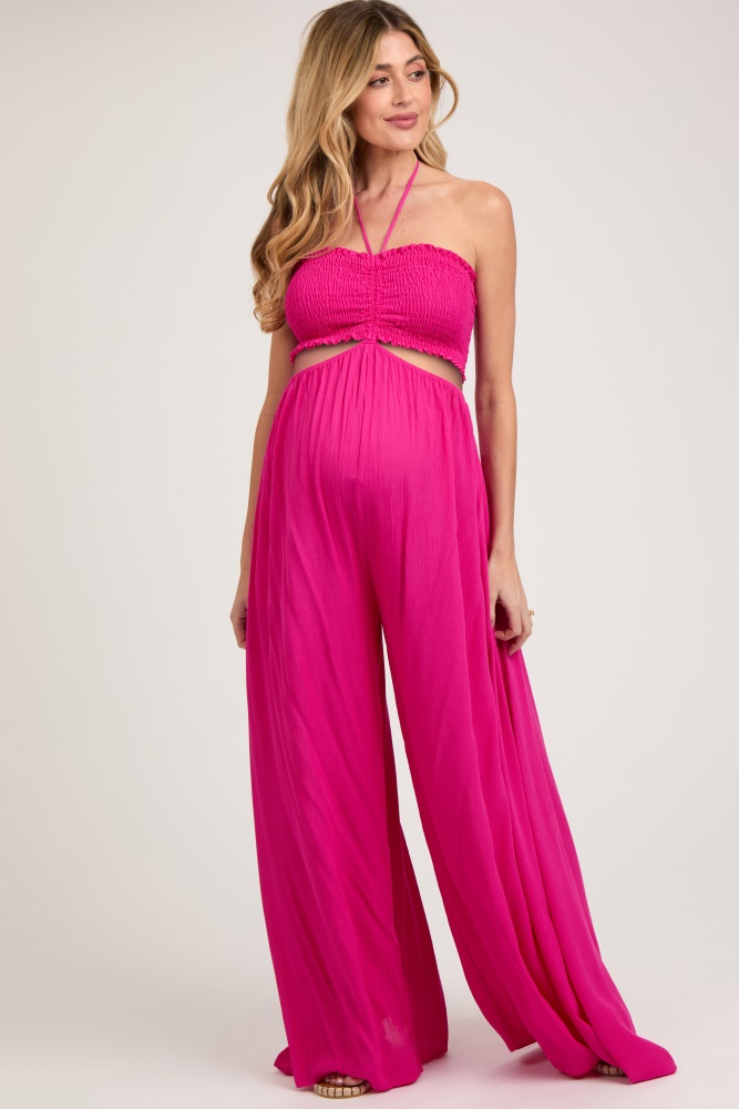 fuchsia smocked drawstring halter side cutout maternity jumpsuit