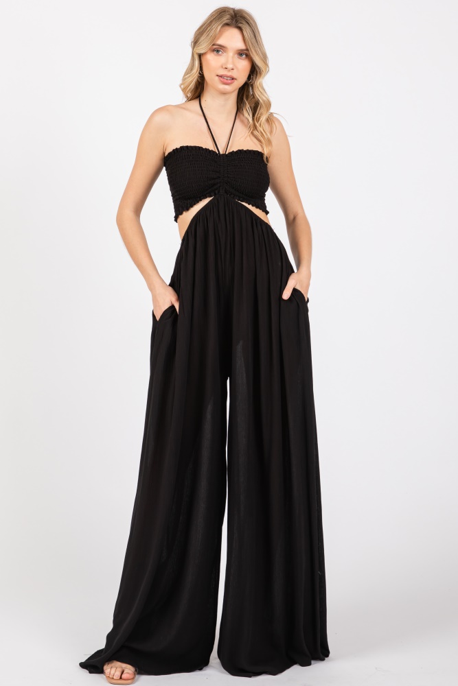 black smocked drawstring halter side cutout jumpsuit