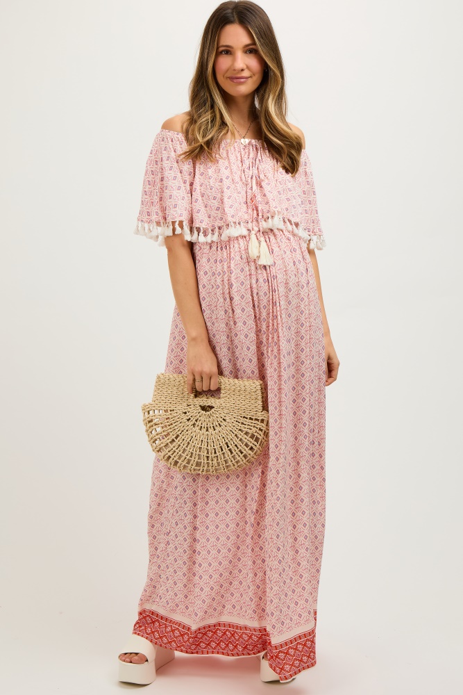 peach tile off shoulder tassel edge maternity maxi dress