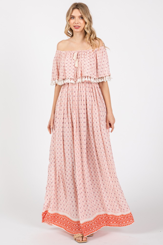 peach tile off shoulder tassel edge maxi dress