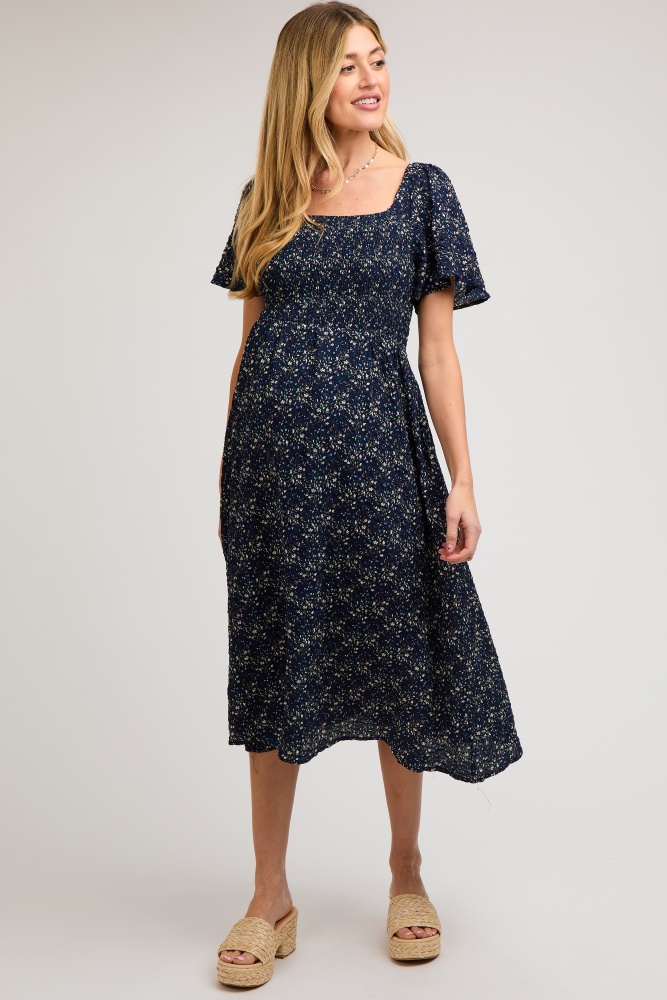 navy floral square neck smocked maternity midi dress