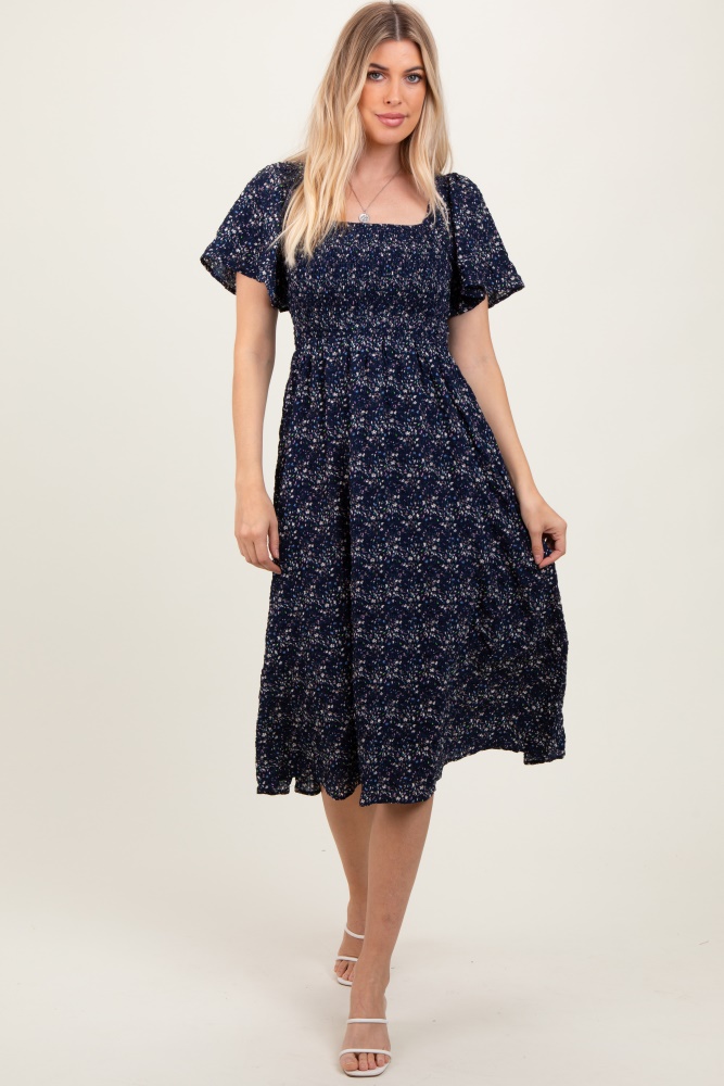 navy floral square neck smocked maternity midi dress