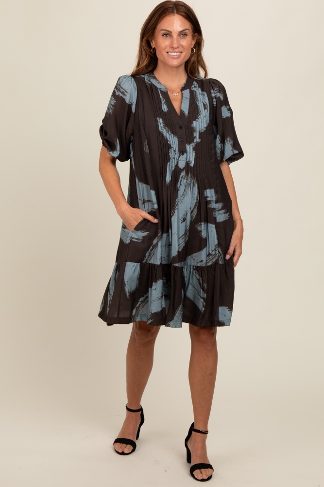 mocha abstract print button up midi dress