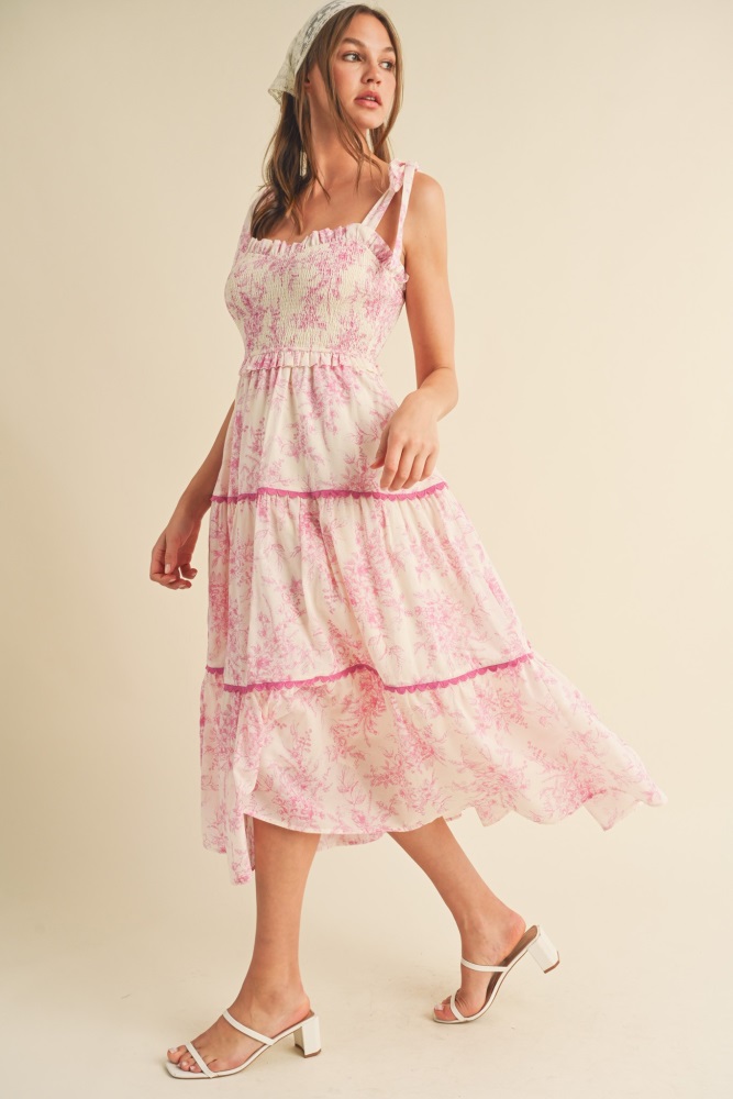 pink floral sleeveless ruffle tiered midi dress