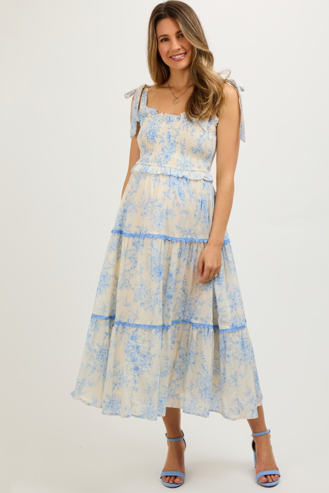 light blue floral sleeveless ruffle tiered maternity midi dress