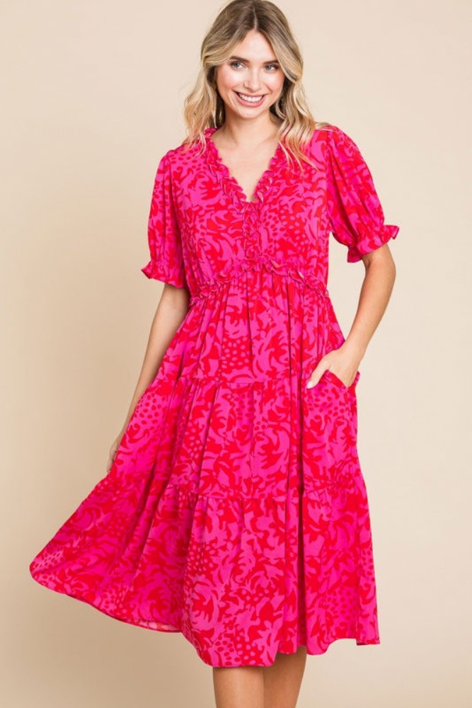 fuchsia print ruffle trim tiered dress