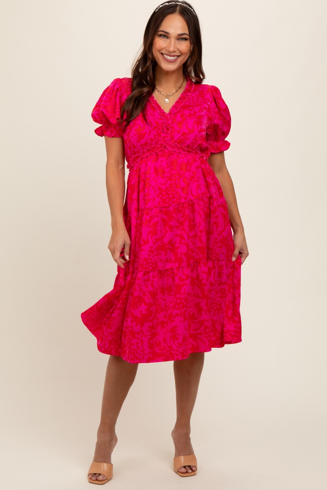 fuchsia print ruffle trim tiered maternity dress