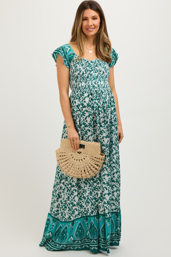 green floral off shoulder smocked maternity maxi dress