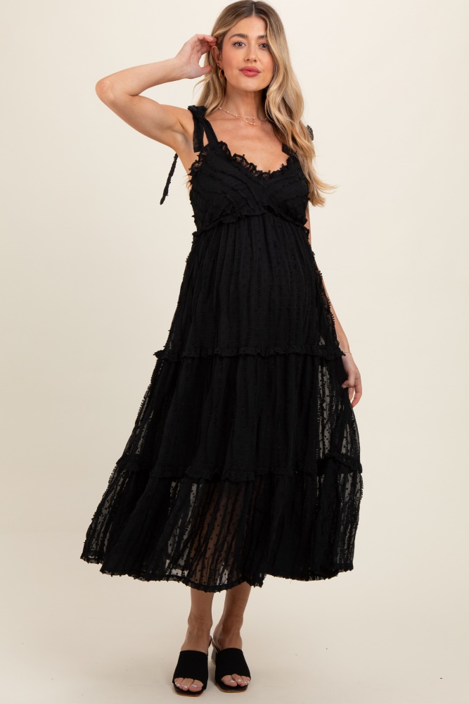 black textured tie strap tiered maternity midi dress