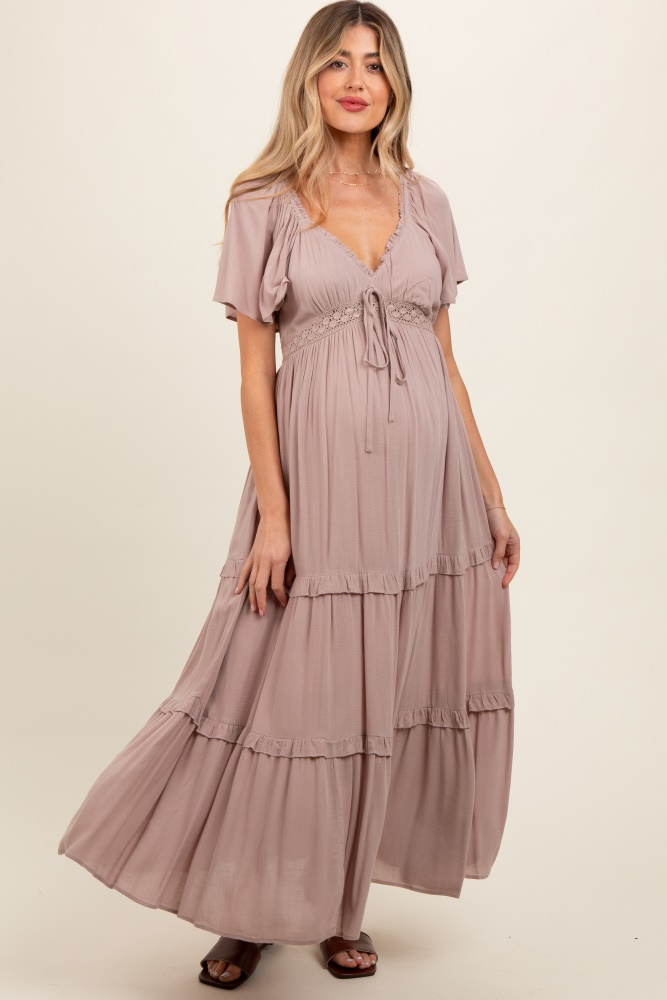 Brown Smocked Front Cutout Tiered Maternity Maxi Dress– PinkBlush