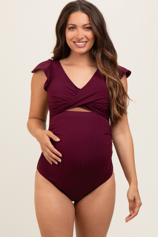 PinkBlush Purple Ribbed Front Knot One-Piece Maternity Swimsuit