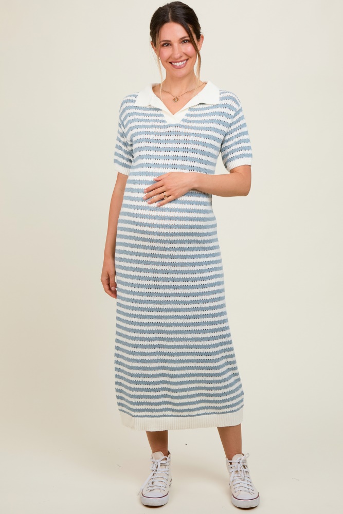 blue collared knit maxi maternity dress