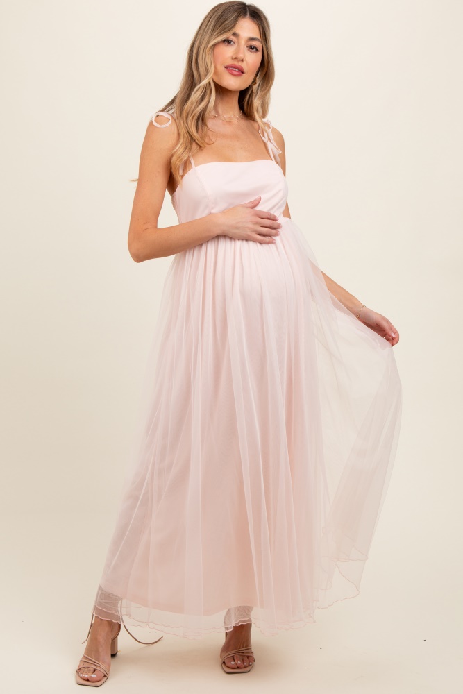 light pink square neck shoulder tie tulle maternity maxi dress