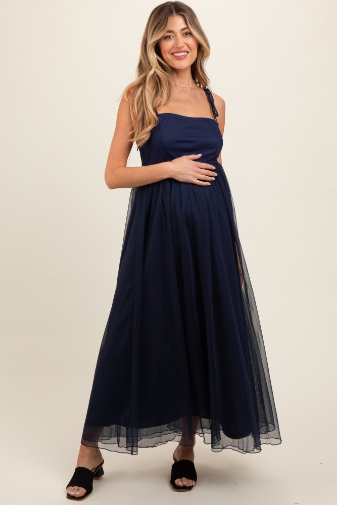 navy blue square neck shoulder tie tulle maternity maxi dress