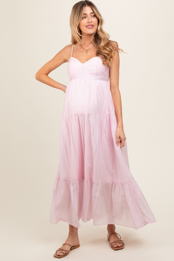 light pink sleeveless tiered maternity maxi dress