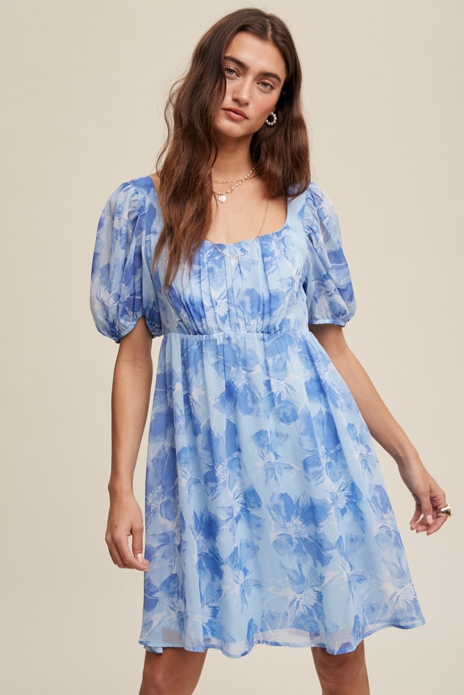 blue floral puff sleeve mini dress