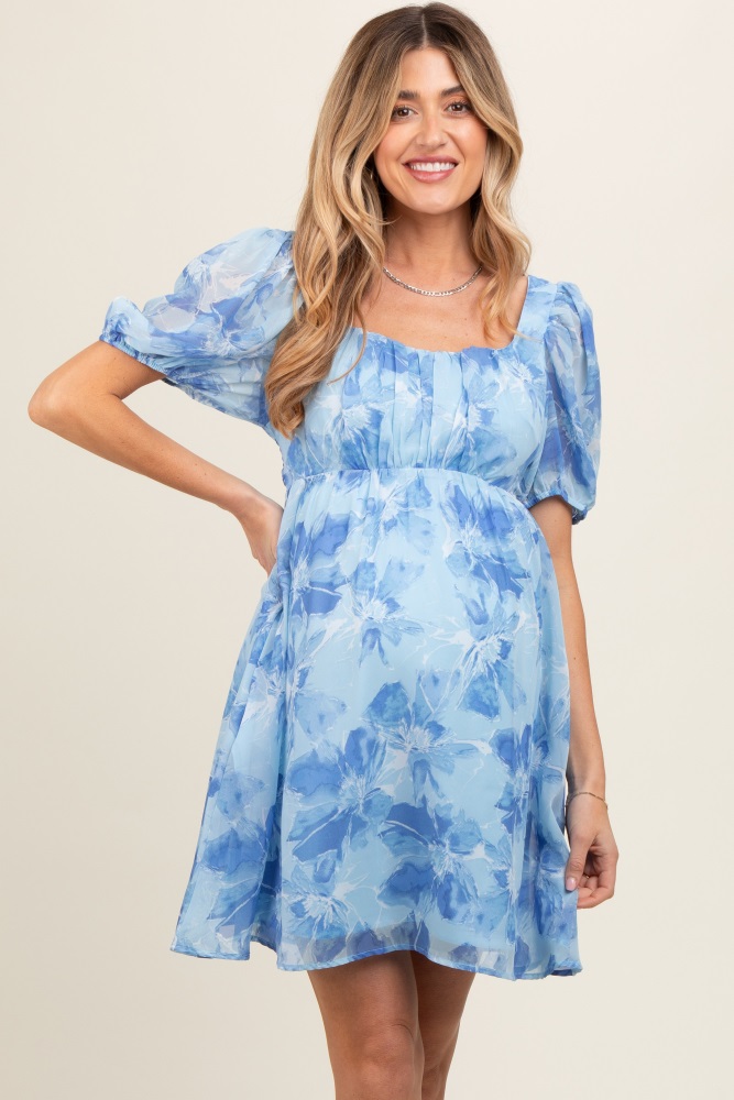 blue floral puff sleeve maternity mini dress