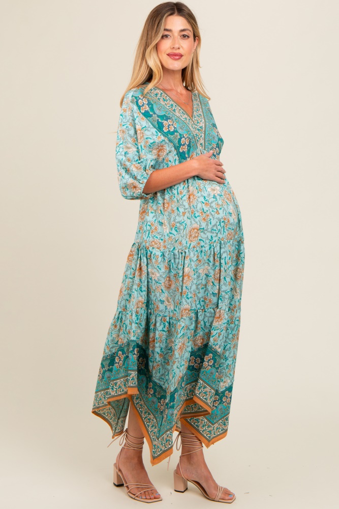 aqua floral border print v-neck tiered maternity midi dress