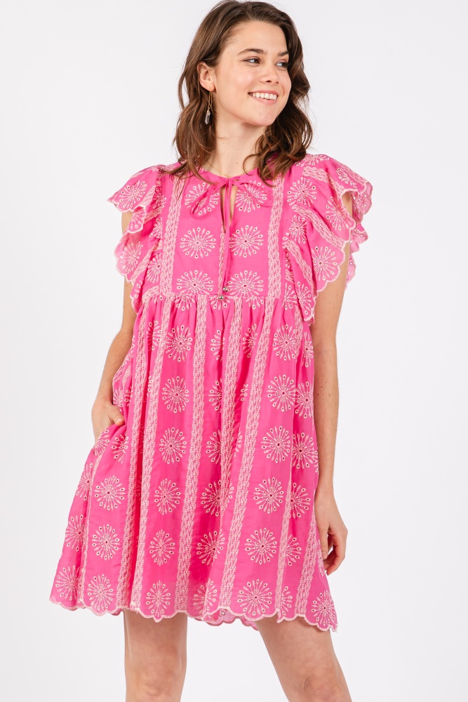 pink embroidered flutter sleeve dress