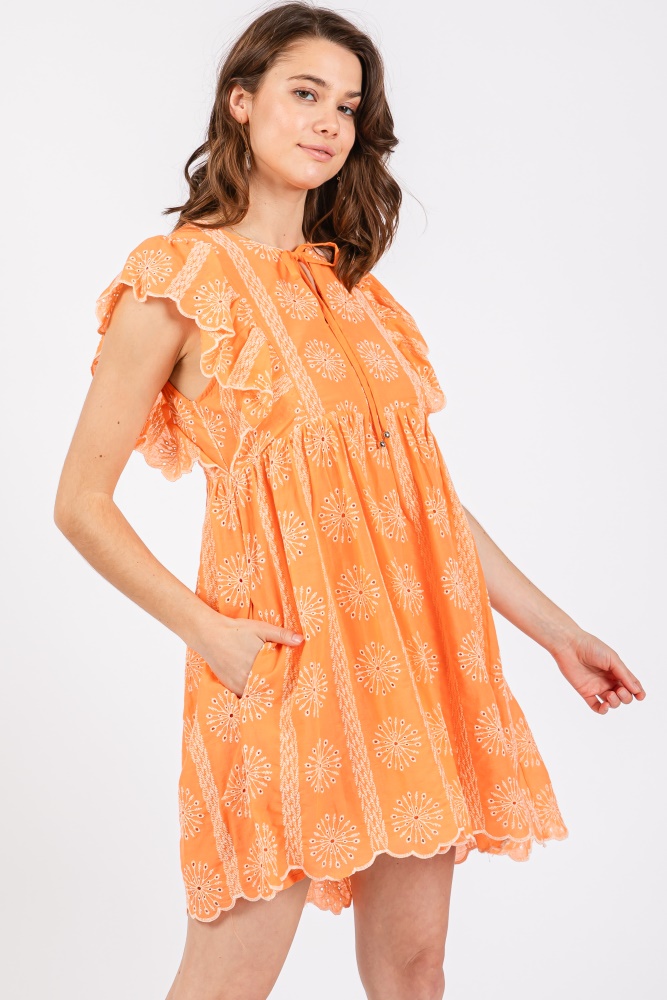 orange embroidered flutter sleeve dress