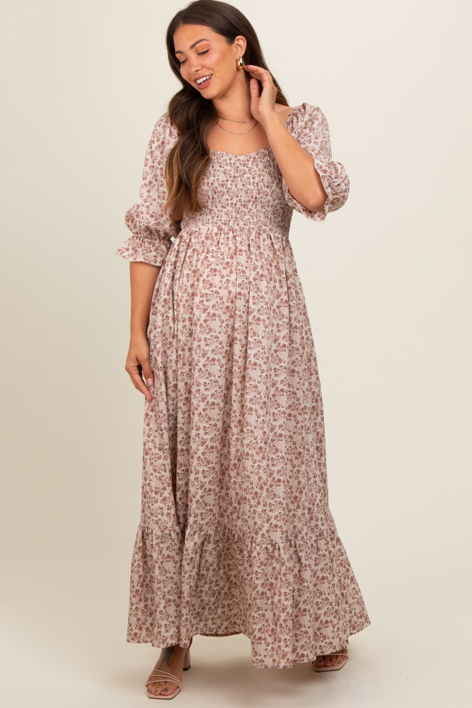 cream sweetheart neck smocked ruffle hem maternity maxi dress