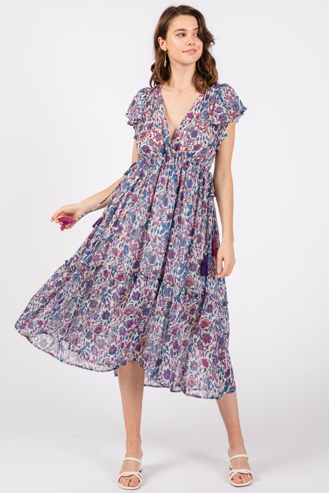 blue floral chiffon flutter sleeve ruffle hem midi dress