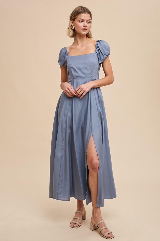 elemental blue linen blend maxi dress with corset back