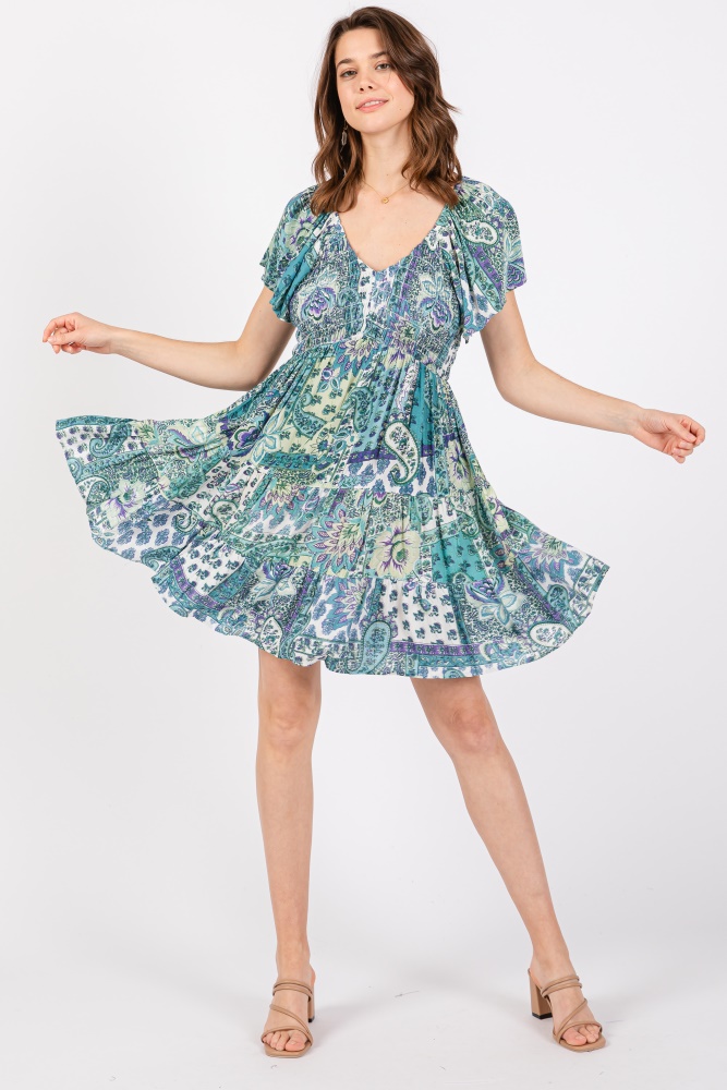 aqua floral ruffle sleeve dress