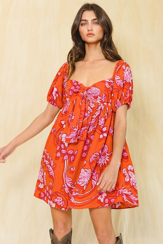 rust floral knot front sweetheart neck short puff sleeve dress