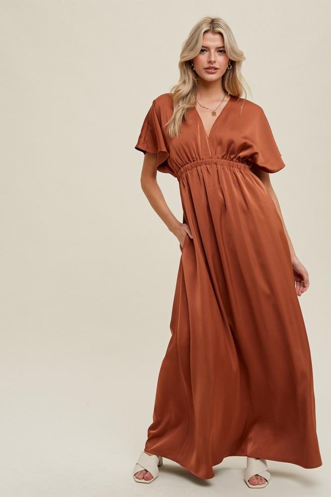 rust satin v-neck flutter short sleeve maxi dress