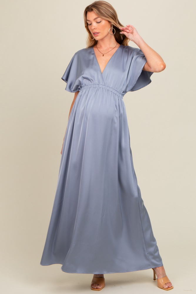 grey satin v-neck flutter short sleeve maternity maxi dress