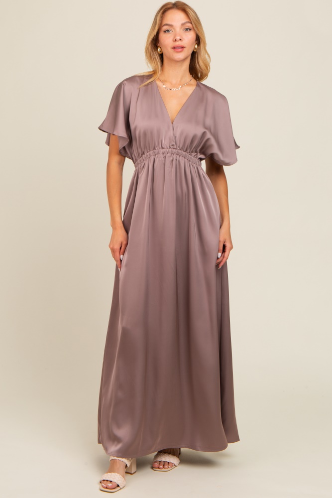 mauve satin v-neck flutter short sleeve maxi dress