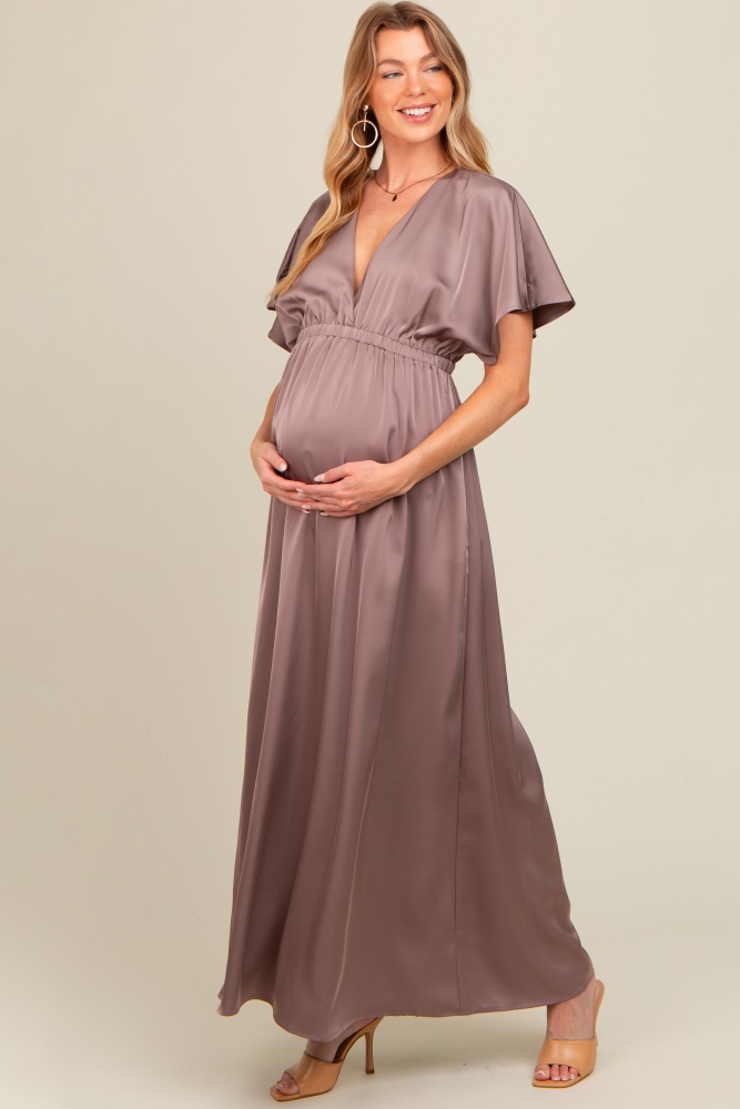 taupe satin v-neck flutter short sleeve maternity maxi dress