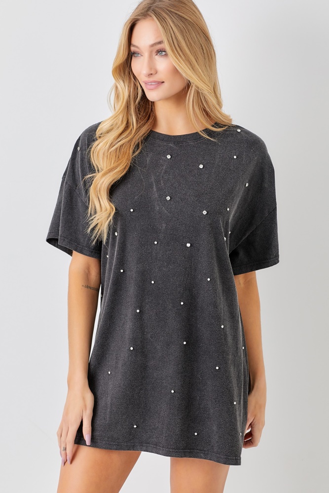 black t-shirt dress with rhinestone detail