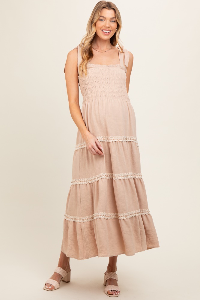 taupe smocked maternity maxi dress